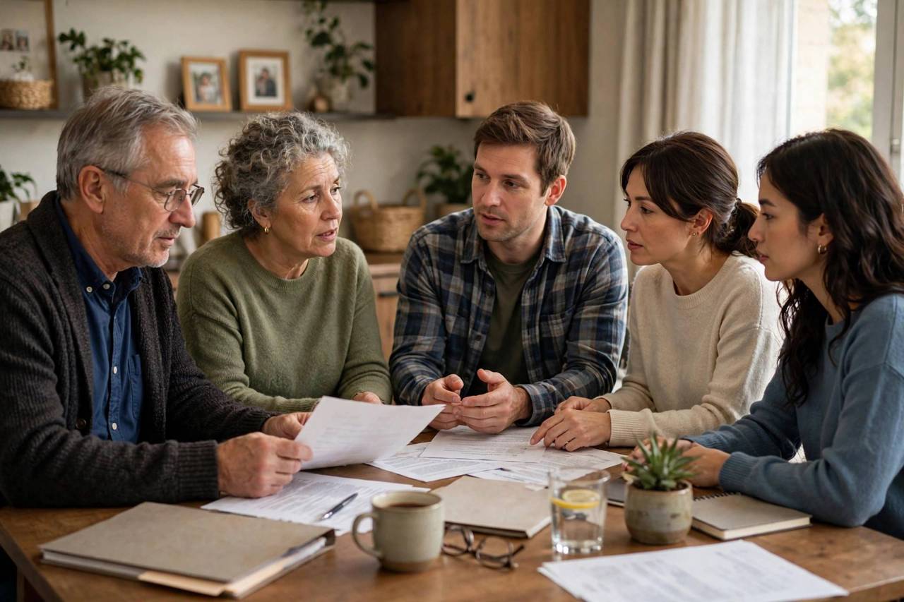 Family discussing estate planning together around a table with documents