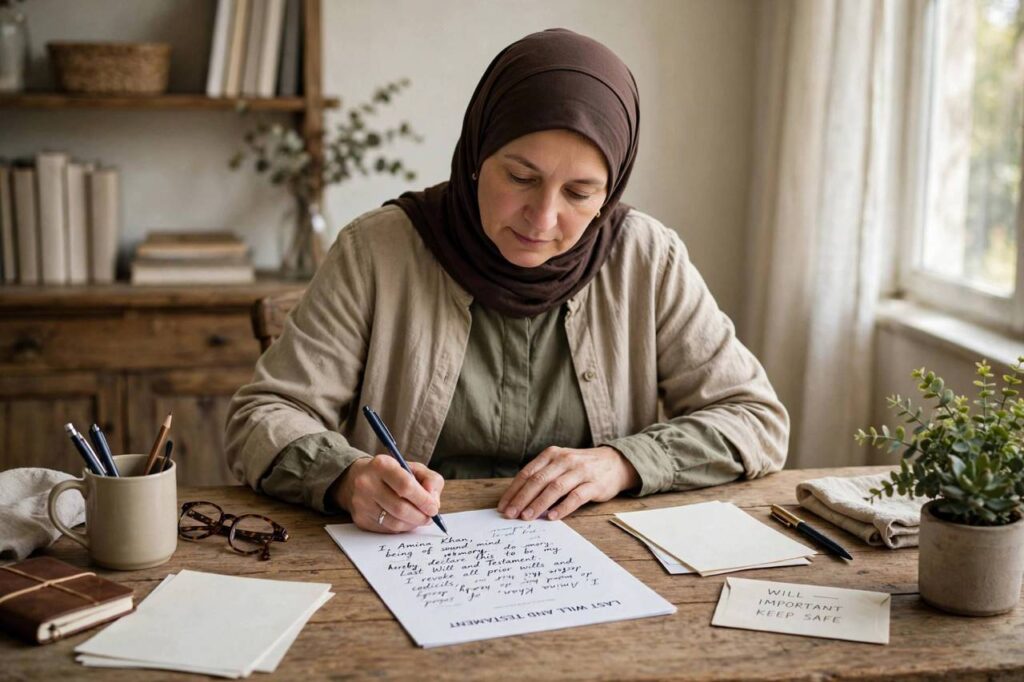 A person writing a will by hand at a wooden desk with a pen and paper