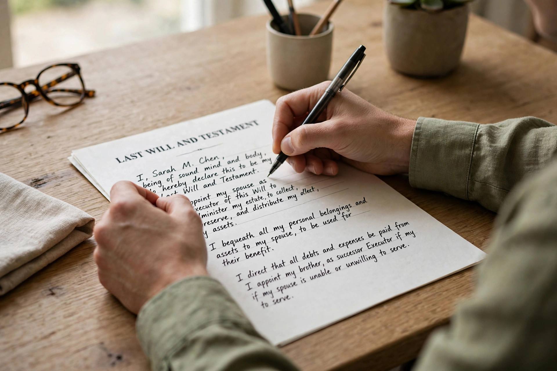 Person handwriting a will document at a home desk with pen and paper