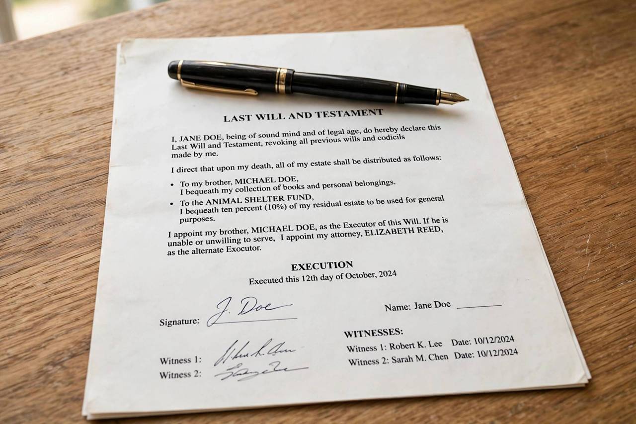 A signed will document with a pen resting on top on a desk