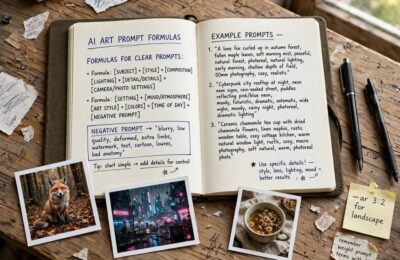 Notebook with prompt formulas for the how to write AI art prompts for beginners guide