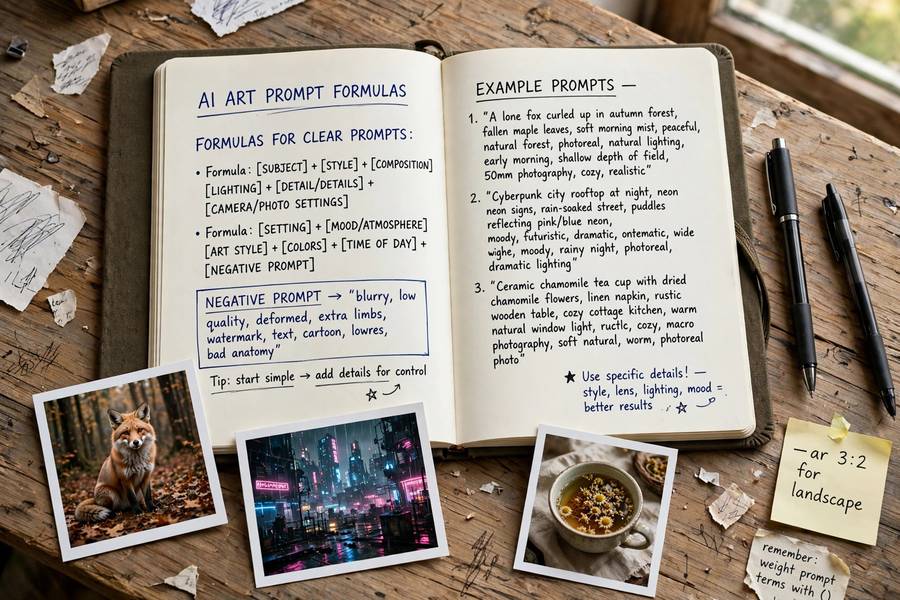 Notebook with prompt formulas for the how to write AI art prompts for beginners guide