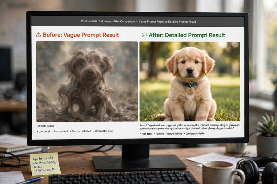 Before and after showing why the how to write AI art prompts for beginners guide matters