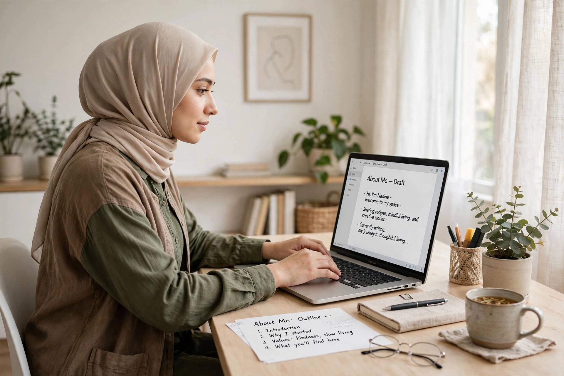 Blogger drafting an about me page at a bright home desk