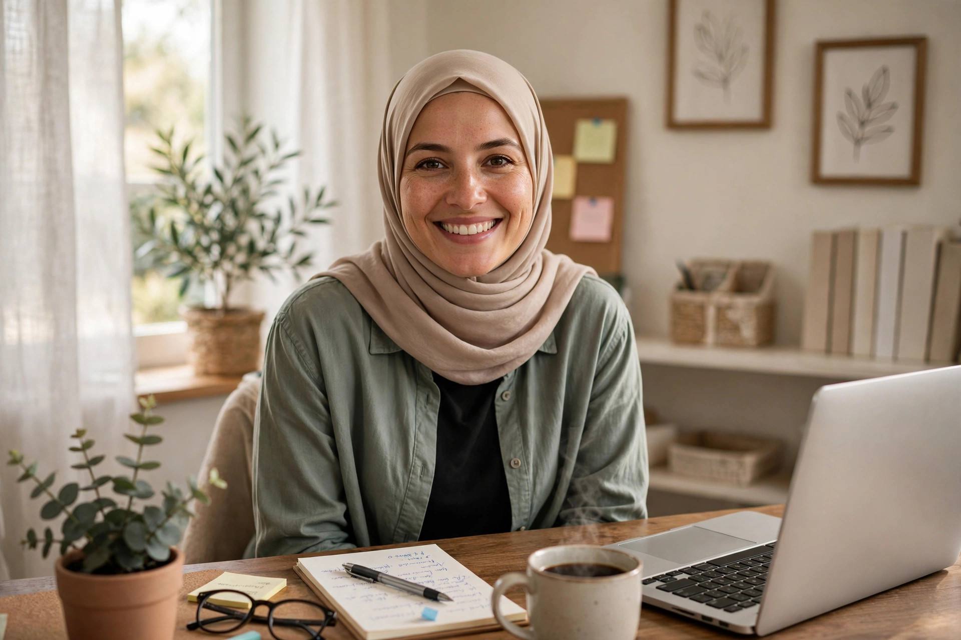 A warm portrait-style photo of a smiling woman blogger in modest casual clothing at her desk