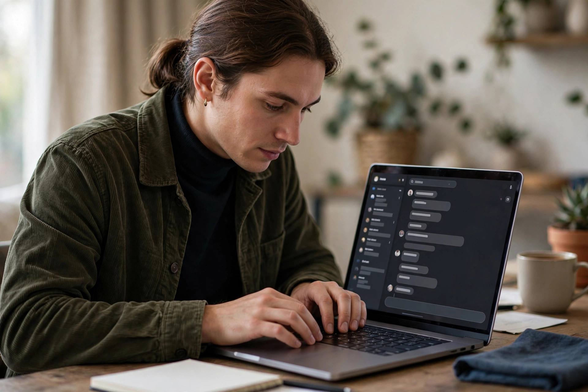 Person typing a detailed prompt into an AI chat interface on a laptop
