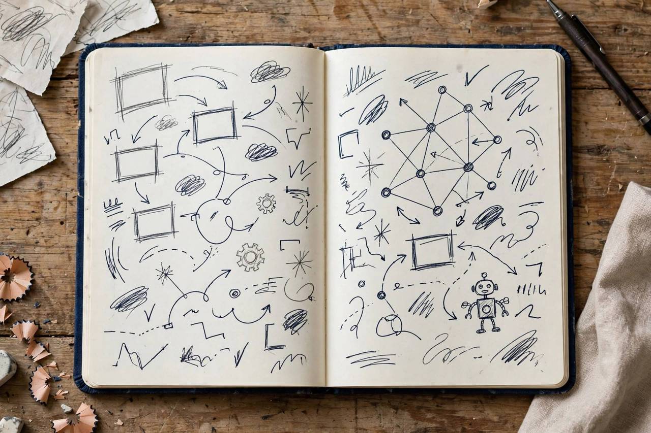 Notebook with handwritten AI prompt templates and notes