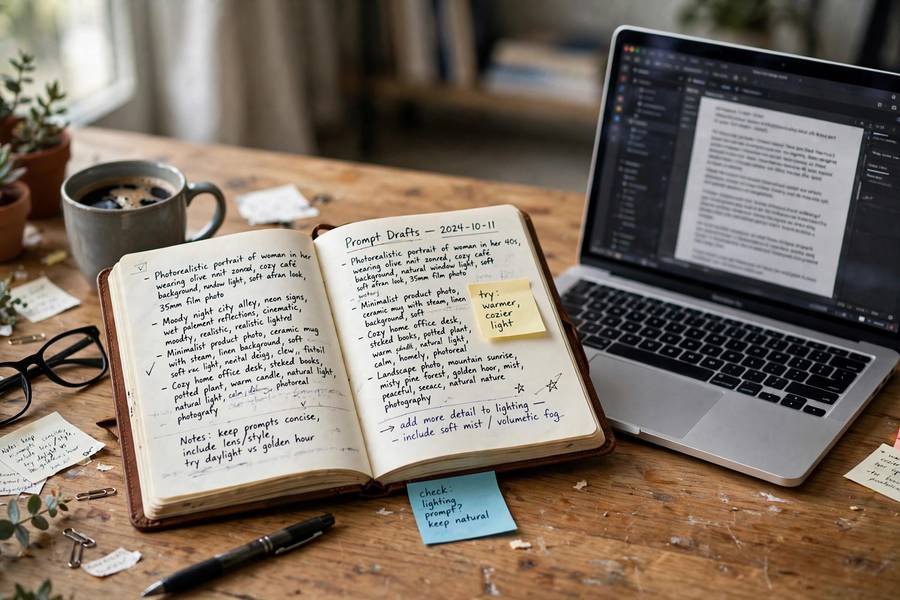 Notebook with handwritten prompt drafts for improving work prompts