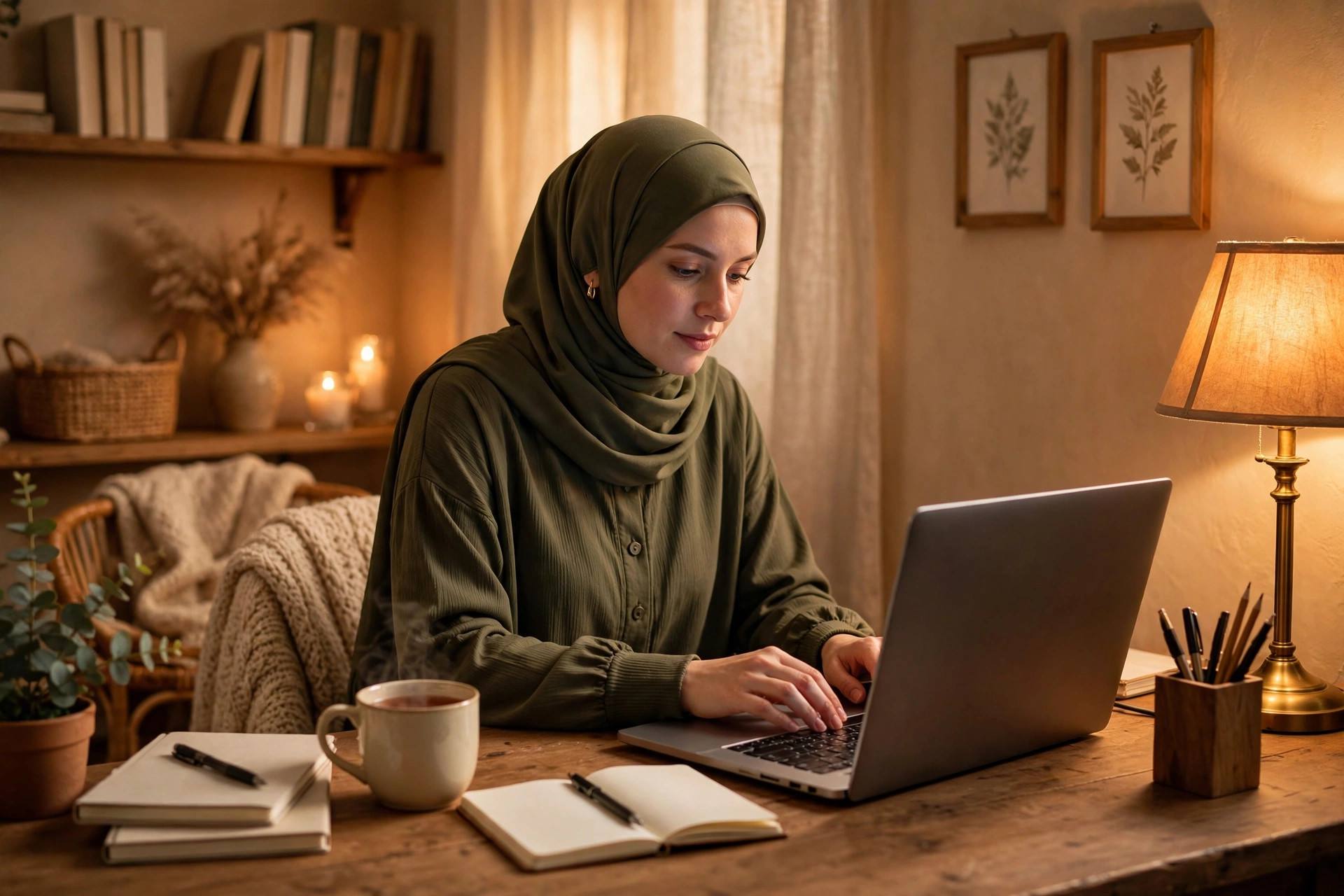Blogger drafting headlines on a laptop in a cozy home office