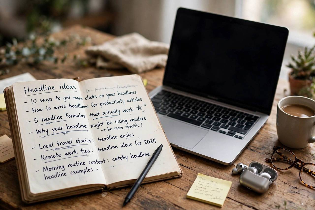 Notebook filled with handwritten headline ideas next to a laptop