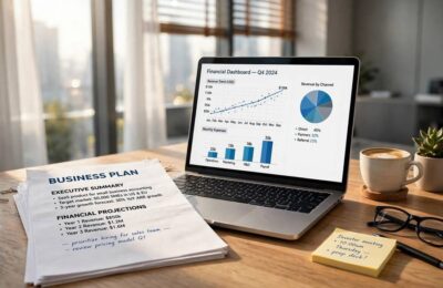 Business plan document and laptop on a desk for how to write business plan
