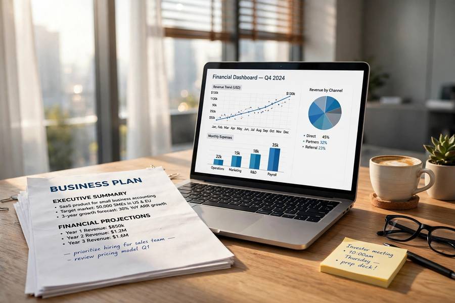 Business plan document and laptop on a desk for how to write business plan