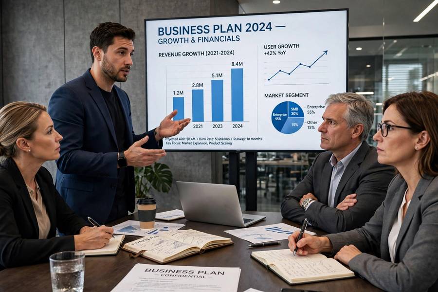 Entrepreneur presenting a business plan to investors after learning how to write business plan