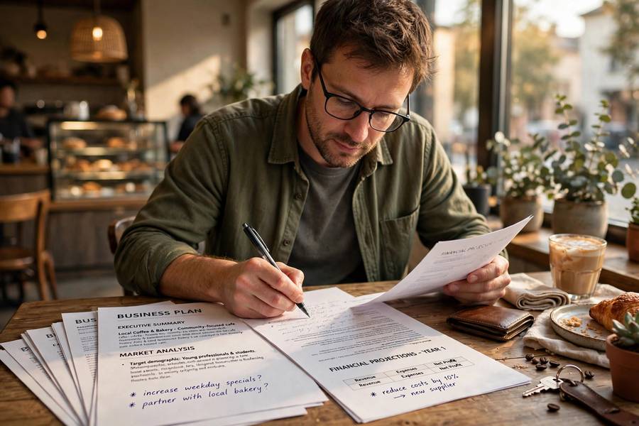 Small business owner reviewing a business plan draft in a cafe