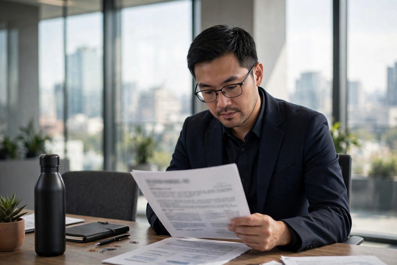 Executive reviewing a business report document at a modern office desk
