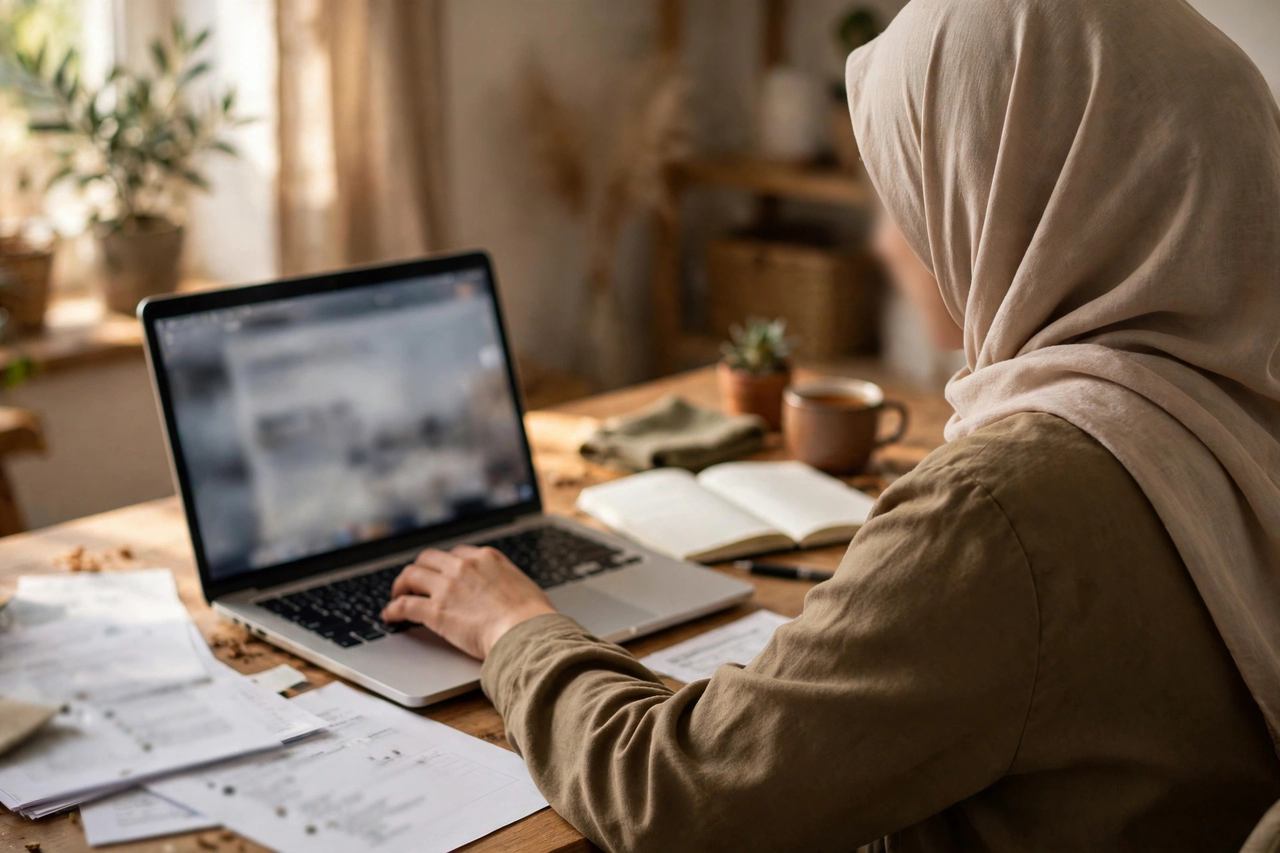 Person typing an executive summary on a laptop with documents nearby
