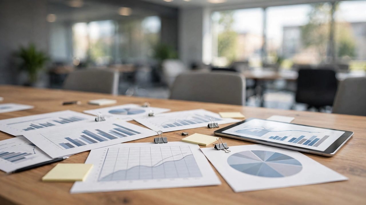 Business documents and charts spread on a conference table during a meeting