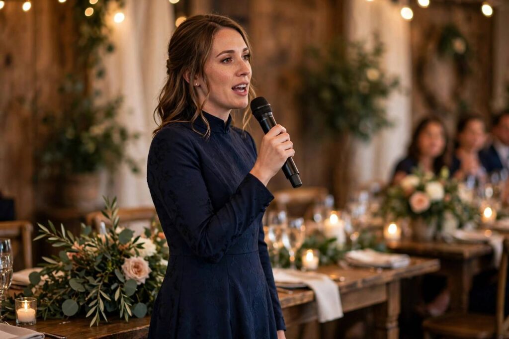A maid of honor in modest formal attire giving a speech at a wedding reception