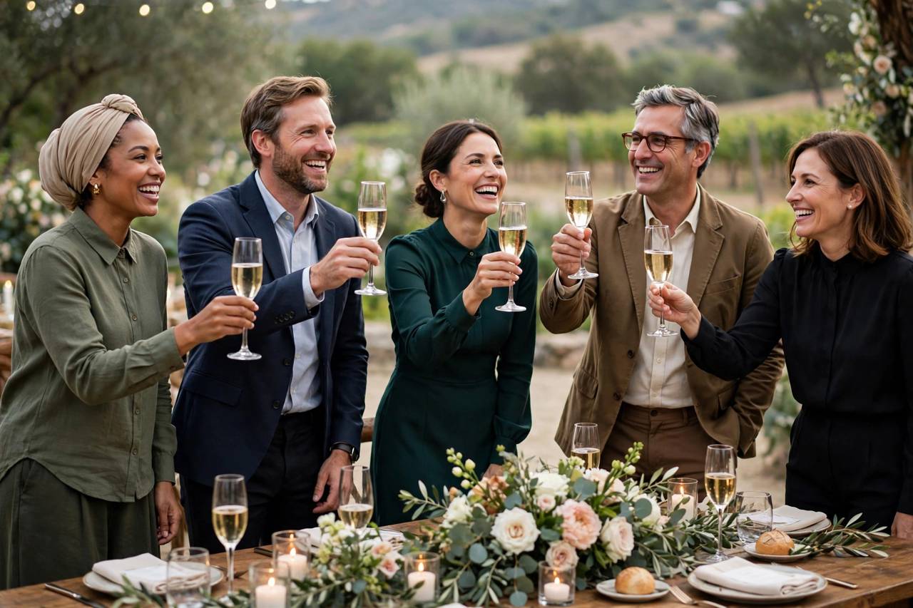 Wedding guests in modest formal wear raising glasses for a toast at a reception