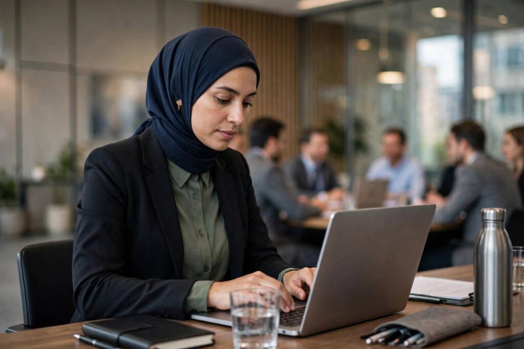 Professional taking meeting minutes on a laptop during a team meeting