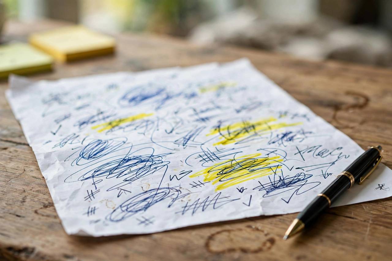 Printed meeting agenda with handwritten notes and action items highlighted