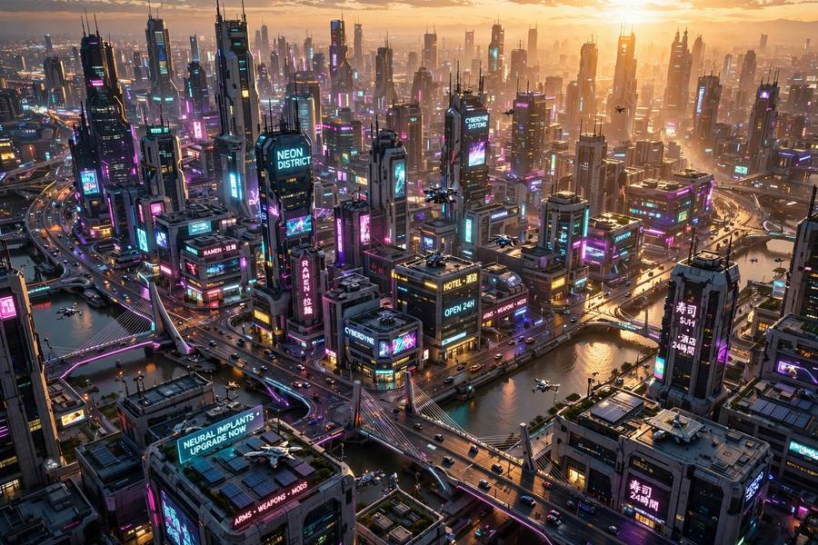 Cityscape created by applying how to write Midjourney prompts techniques
