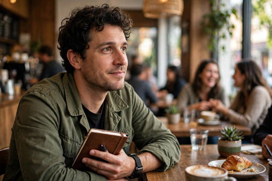 Comedian observing everyday life in coffee shop with notebook