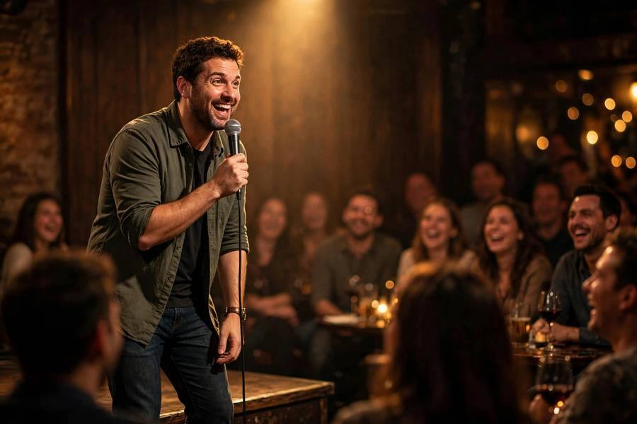 Stand-up comic performing observational bit on stage