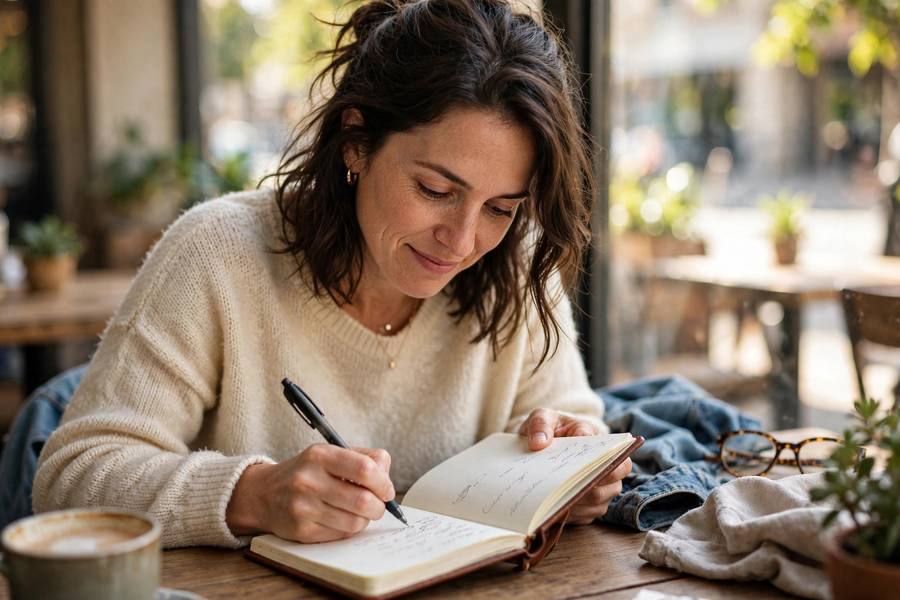 Person writing comedy observations in journal