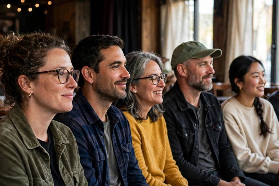 Audience nodding in recognition at comedy show