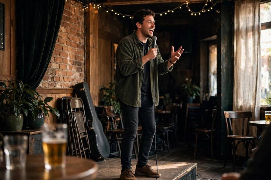 Comedian performing stand-up set on small club stage