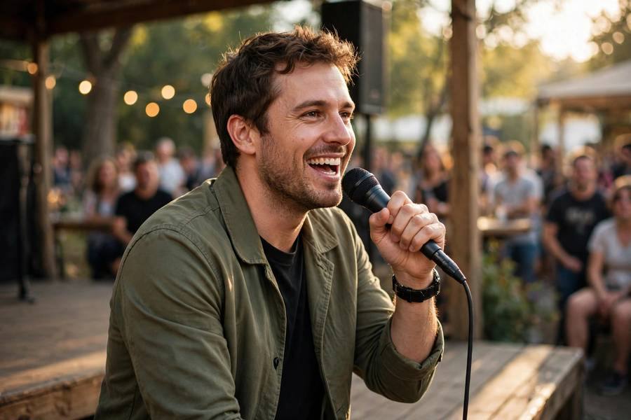 Comic holding microphone with confident stage presence