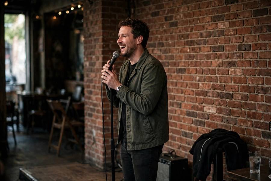 Open mic night with comedian on brick-wall stage