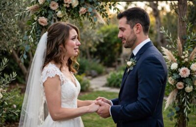 Bride and groom exchanging personal wedding vows outdoors