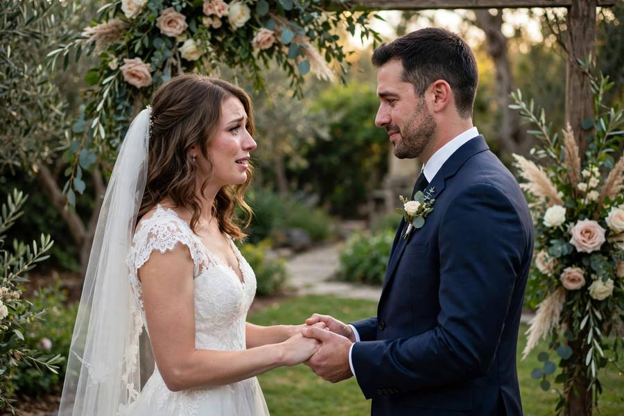 Bride and groom exchanging personal wedding vows outdoors