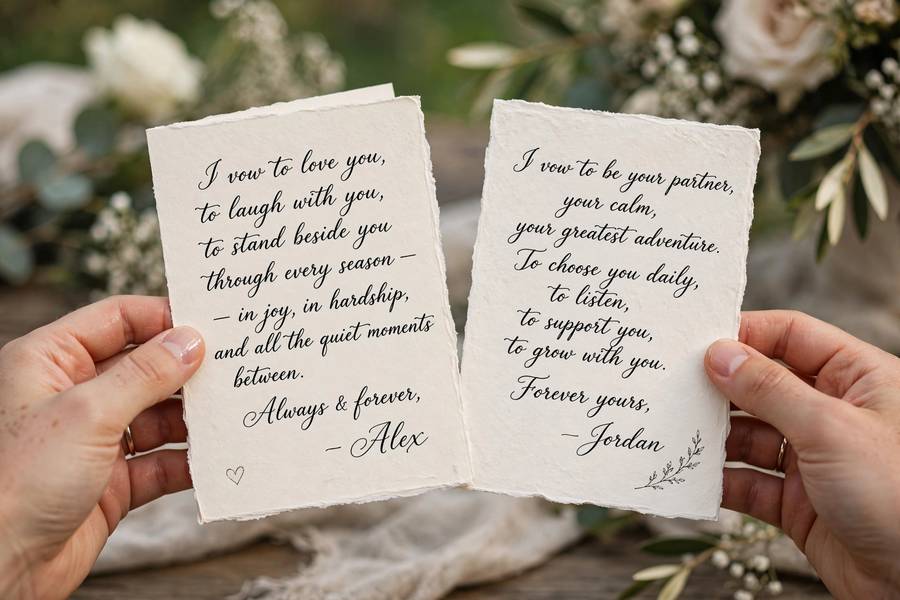 Hands holding handwritten wedding vow cards