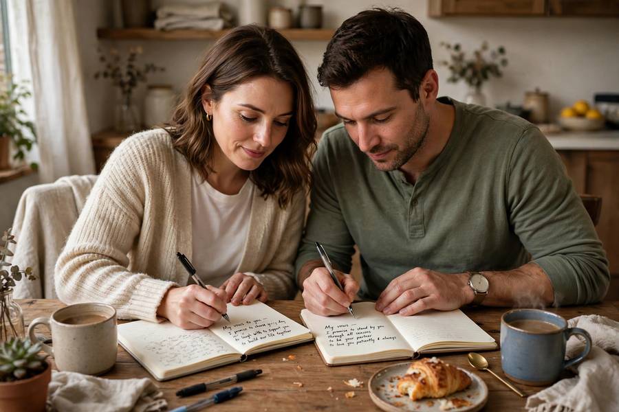 Couple writing their wedding vows together at home
