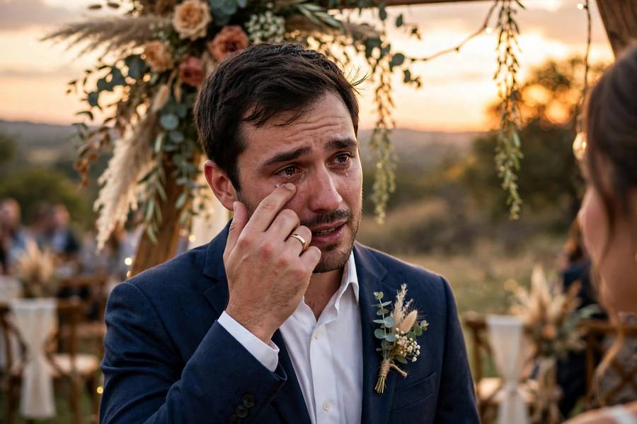Emotional vow exchange at a sunset wedding ceremony