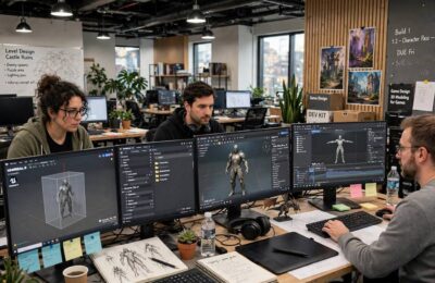Game developers working with game engine software showing how video games are made