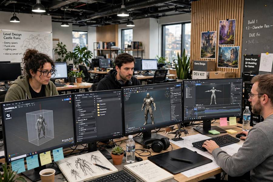 Game developers working with game engine software showing how video games are made