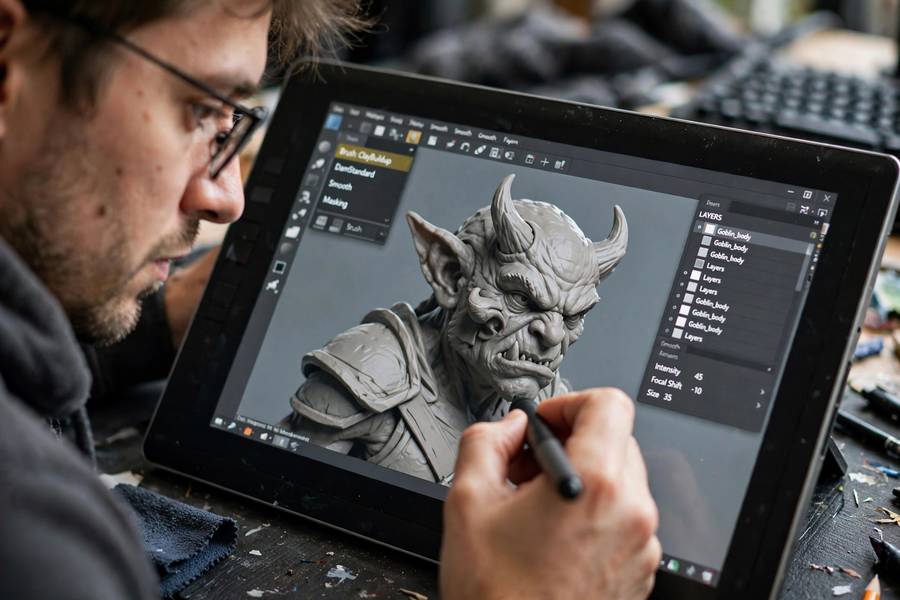 3D artist sculpting a digital character showing how video games are made