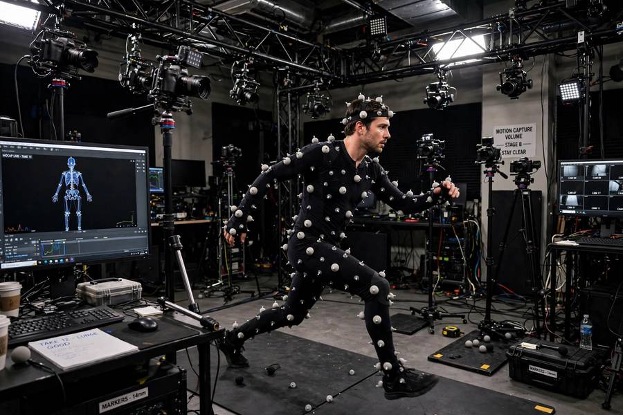 Motion capture actor recording movements for video game animation