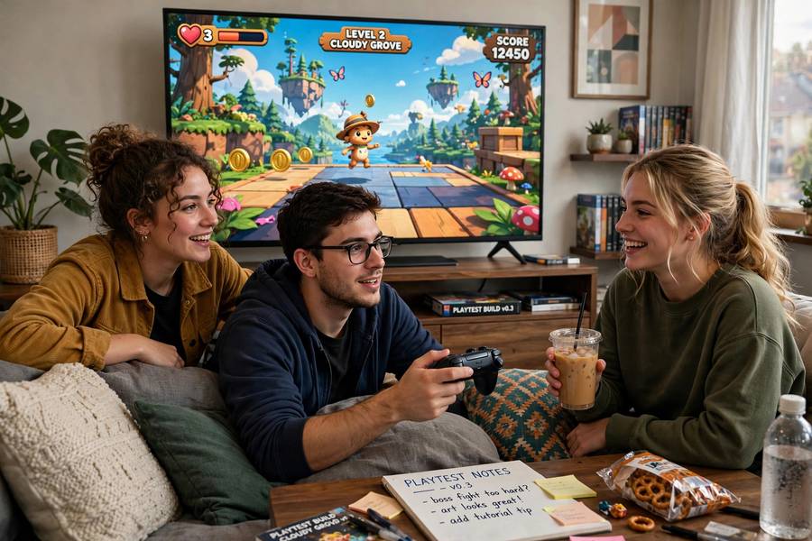 Friends playtesting a video game during development