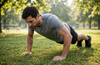Man doing push-ups with good form in a park — bodyweight exercises guide