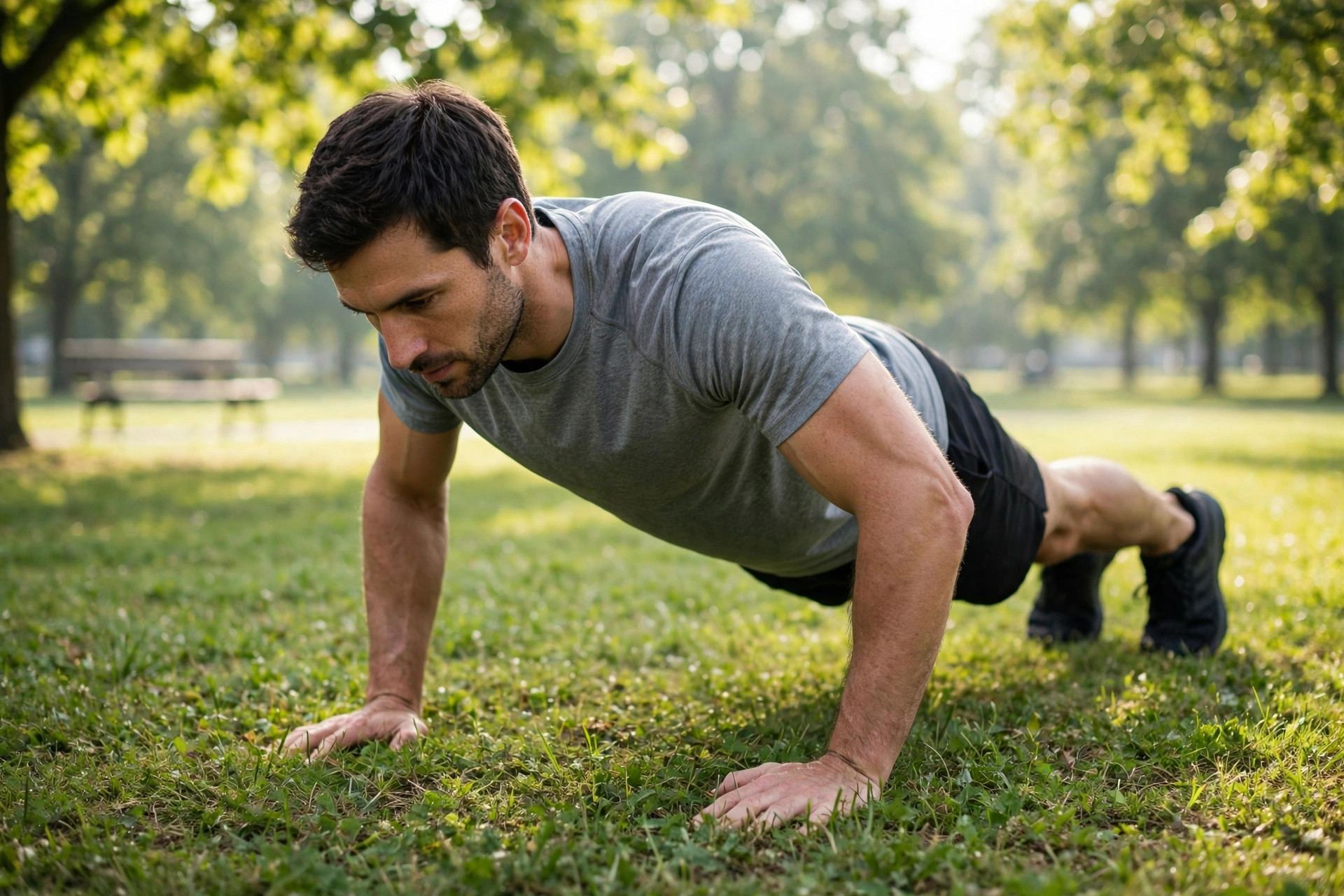 Man doing push-ups with good form in a park — bodyweight exercises guide