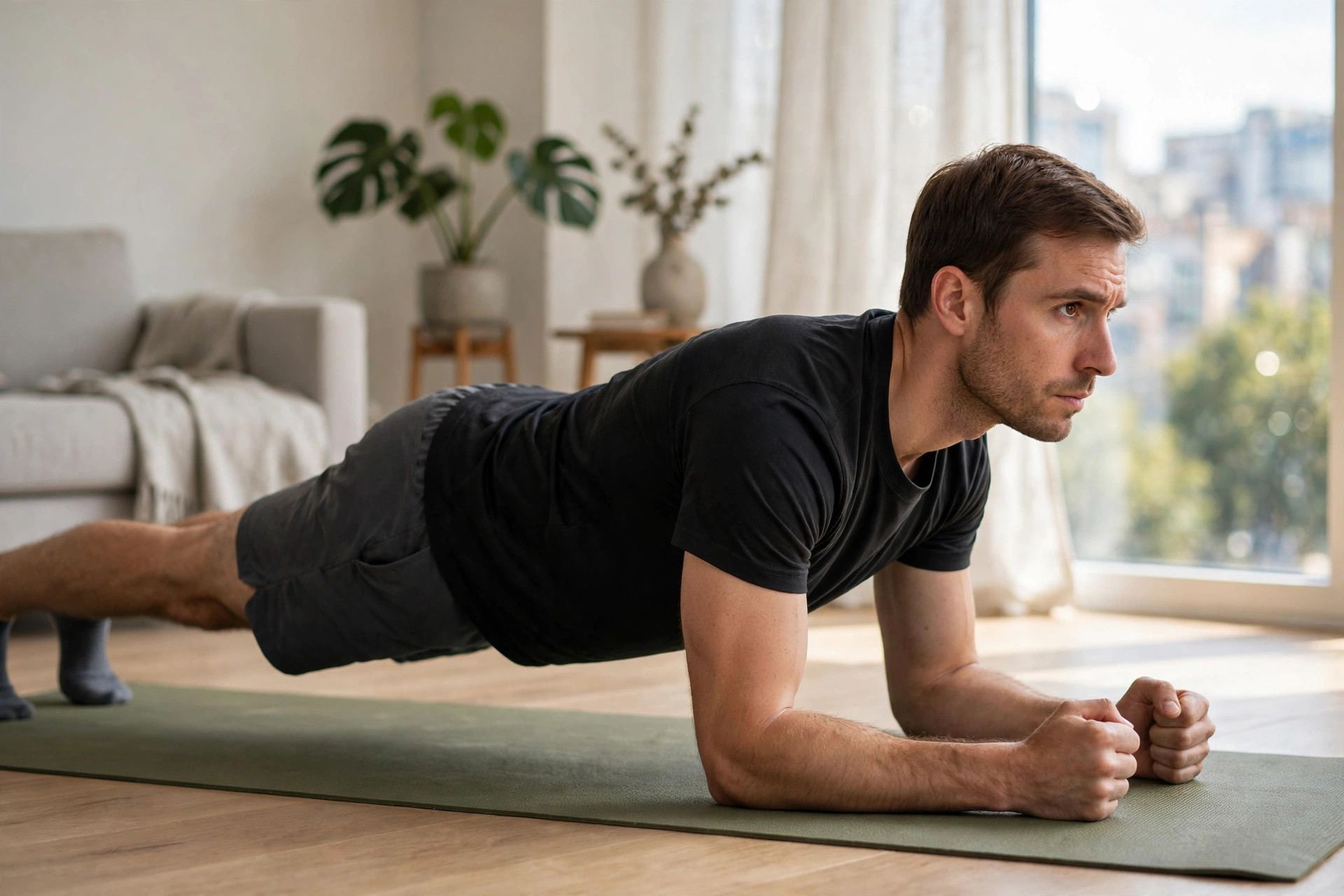 Man holding a forearm plank on a yoga mat — bodyweight core exercise