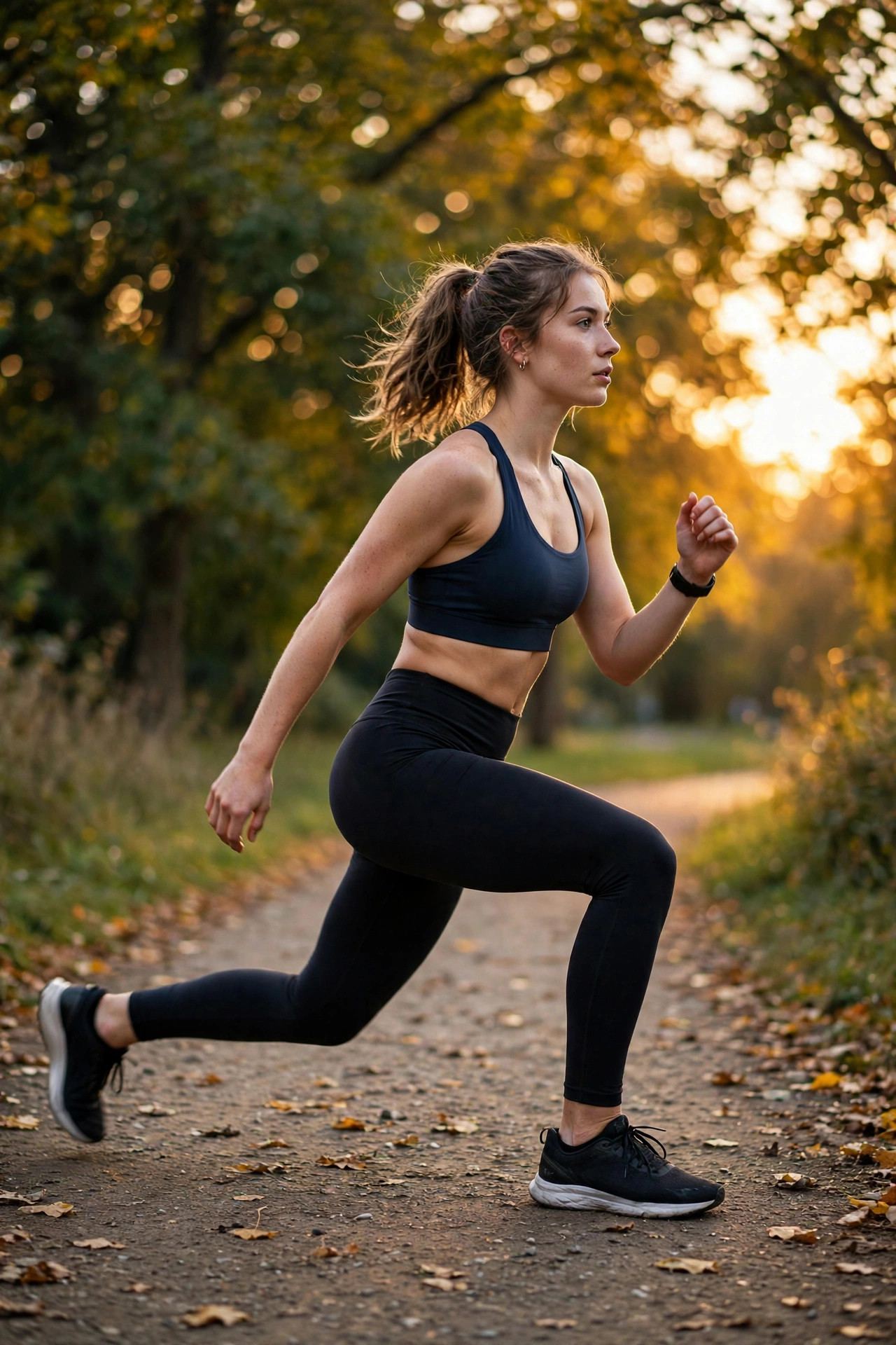 Woman doing walking lunges outdoors — bodyweight leg exercise