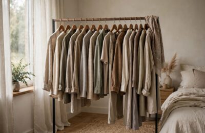 A capsule wardrobe of mix-and-match garments on a single clothing rail