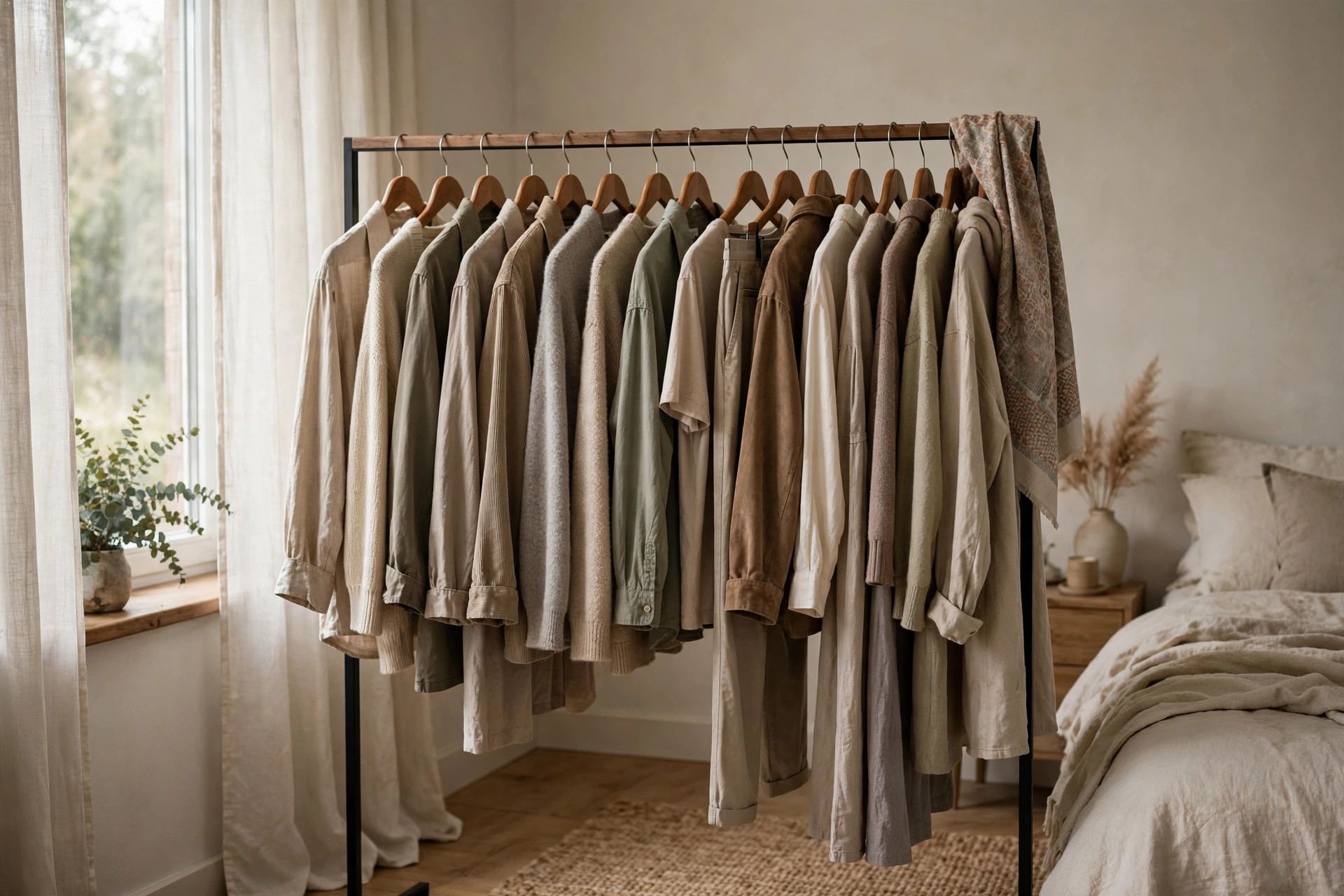 A capsule wardrobe of mix-and-match garments on a single clothing rail