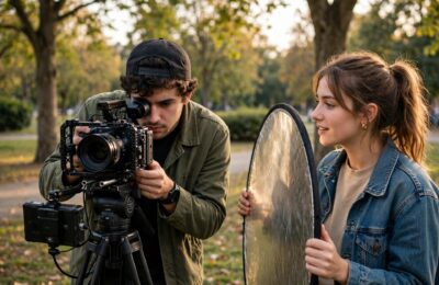 Small indie filmmaking crew shooting a scene outdoors in a park